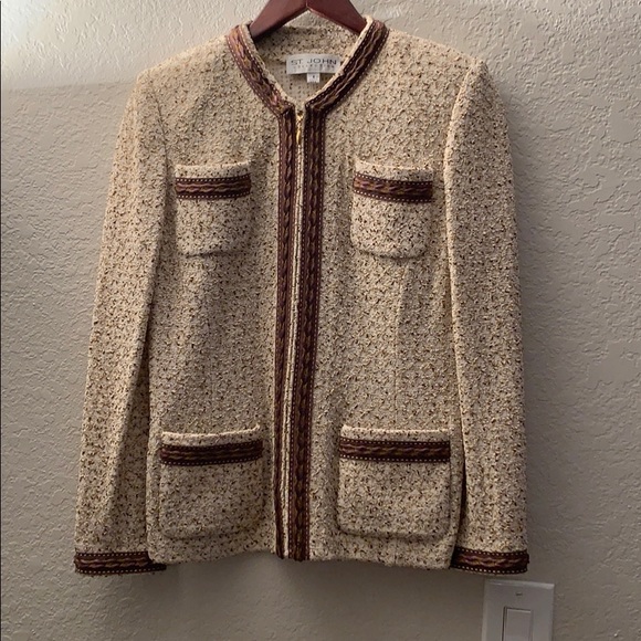 St. John Collection Jackets & Blazers - St. John Collection Cream Tweed Knit Jacket with Brown Trim